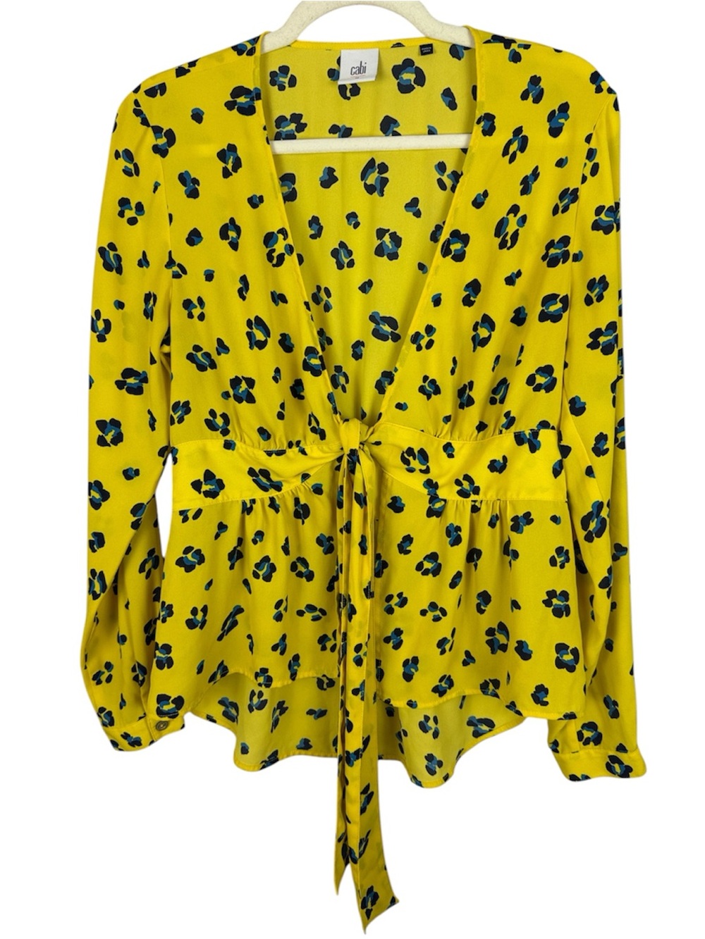 Cabi Presentation Blouse Yellow Floral Cheetah Print Tie Front Peplum M
